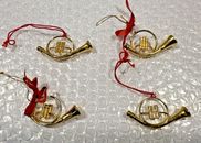 Set of 4 Vintage Brass French Horn Musical Instruments Christmas Ornaments 2.5"