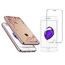 Luch iPhone 8 iPhone 7 funda + Panzerglasfolie, TPU protector brillante diamante Strass flores Handyhülle silicona Cover Case Bumper + Glasfolie para iPhone 7 a 8, Rosegold con Pink flores