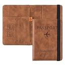 FLYNGO Passport Holder Cover Travel Wallet Organiser, Passport Case with RFID Blocking, PU Leather Travel Document Holder for Men & Women Travel Accessories (Brown)