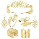 Kakonia7Pcs Greek Goddess Costume Accessories Set for Women Gold Leaf Crown Bracelet Pearl Earrings Bridal Wedding Jewelry