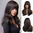 D-DIVINE 18 Inches Black Brown Wig for Women Natural Wavy Long Wigs Heat Resistant Synthetic Wigs with Bangs for Daily Party Cosplay Wear Dark Brown