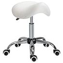 HOMCOM Adjustable Hydraulic Rolling Salon Stool Swivel Saddle Chair Spa Beauty Seat PU Leather, Cream White