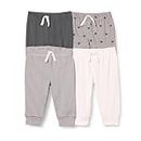 Amazon Essentials Baby Girls' Cotton Pull-On Pants, Pack of 4, Dark Grey/Stars/Stripe/White, 18 Months