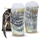 OLDEMPEROR Viking Drinking Horn Cups Set of 2 with Bottle Opener| 8oz Unique Tumbler| Genuine Ox Horns| Viking Gift for Men and Women| Handmade| Engraved Shine Finish (Compass & Valknut)