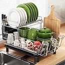 MAJALiS 2 Tier Dish Drying Rack with Drain Board, Dual-Use Top Rack for Counter & Sink, Expandable Stainless Steel Dish Drainers for Kitchen, Over Sink Dish Racks with Utensil & Cup Holder, Silver
