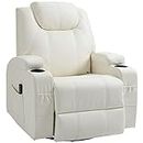 HOMCOM Massage Recliner Chair for Living Room with 8 Vibration Points, PU Leather Swivel Rocker Manual Reclining Chair with Cup Holders, Cream White
