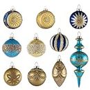 Valery Madelyn Glass Christmas Ornaments Set, 10ct Blue and Gold Hanging Ornaments for Christmas Trees, Mercury Luxury Xmas Decorations Ball Ornaments Bulk for Holiday Decor
