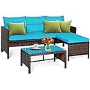 DORTALA 3 Piece Patio Furniture Set, Outdoor Rattan Sectional Sofa Set w/Seat Cushions, Coffee Table, Steel Frame Patio Wicker Rattan Conversation Furniture Set for Garden Lawn Deck (Turquoise)