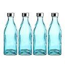 WHOLE HOUSEWARES | Square Glass Bottle With Stainless Steel Leak Proof Lid | 34 Ounce Reusable Drinking Water Bottles, Great for Water & Juice | Pack of 4 (BLUE)