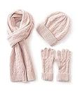 Villand 3 in 1 Womens Wool Hat Gloves & Scarf Winter Set, 3 Piece Cable Knitted Beanie Hat for Women with Gift Box, Pink