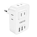 [1-Pack] European Travel Plug Adapter, VINTAR International Travel Adapter with 3 USB Ports(1 USB C) and 4 AC Outlets, 7 in 1 Type C Power Adaptor Charger for Canada to Most of Europe,Italy, White