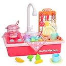 Play Kitchen Sink Toys with Upgraded Real Faucet, Play Cooking Stove, Cookware Pot and Pan,Play Food, Dishes Accessories Pretend Play Wash-up Sets with Running Water for Boys Girls Toddlers (Pink)