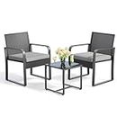 Gizoon 3 Pieces Patio Set Outdoor Wicker Furniture Sets, Modern Rattan Chair Conversation Sets with Coffee Table, for Yard, Bistro, Garden, Balcony, Poolside, Grey