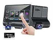 4" Touchscreen 3 in 1 LCD HD DashCam 2 Front 1 Rear Lens 1080P HDR Dual Parking Dash Cam Car Van Security Camera 170 Wide Angle Night Vision Motion Detection G-Sensor DVR Recorder Loop Recording 64GB