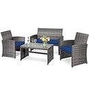DORTALA 4 Piece Patio Furniture Set, Outdoor Wicker Conversation Set with Soft Cushions & Tempered Glass Coffee Table, Rattan Patio Sofa Bistro Sets for Courtyard Balcony, Navy