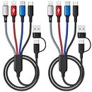 Multi Charging Cable 6 in 1, Multi Charger Cable 2Pack-6FT Braided Multi USB Cable 3A Universal Multiple Phone Charger Cord USB A/C Connector with Type-C, Micro USB/2*IP Ports for Cell Phone/Tablets