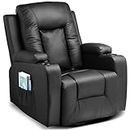 COMHOMA Leather Recliner Chair Modern Rocker with Heated Massage Ergonomic Lounge 360 Degree Swivel Single Sofa Seat with Drink Holders Living Room Chair (Black)