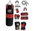 LEW 9 Piece Combo Unfilled Black 20 OZ Heavy Canvas with Hanging Chain, Bag Gloves, Ceiling Hook, Hand Wraps, Skipping Rope, Boxing Keychain, Hand Grip and Mini Gloves Punching Bag