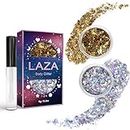Laza Body Glitter, 2 Jars Holographic Chunky Sequins with Glitter Glue Perfect for Women Eyeshadow Makeup Face Paint Festival Rave outfits Hair Accessories Carnival Party Costumes - Bright Gold Silver