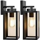 Outdoor Wall Light Fixtures, Exterior Waterproof Lanterns, Porch Sconces Wall Mounted Lighting with E26 Sockets & Glass Shades, Modern Matte Black Wall Lamps for Patio Front Door Entryway, 2-Pack