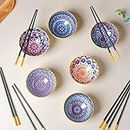 Nestasia Multicolor Set of 6 Mandala Ceramic Side Bowls and Chopsticks for Serving Noodles, Ramen, Snacks, Soups or Curries (1 Set of 6 Bowls of Capacity 250 ml Each)