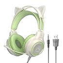 Gaming Headset with Removable Cat Ears, 3.5mm Wired Headphones with Adjustable Microphone, Extendable Padded headband, Noise Cancelling and RGB Light Headphones for Xbox/PS4/Switch/Mac/Phone (Green)