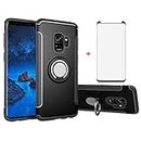 Phone Case for Samsung Galaxy S9 Plus with Tempered Glass Screen Protector Cover and Stand Ring Holder Hybrid Cell Accessories Glaxay S9+ 9S 9+ S 9 9plus S9plus Cases Men Black Shockproof Soft TPU