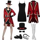 Mepase 7 Pcs Women Circus Ringmaster Costume Include Tailcoat Jacket Dress Hat Glove Bow Tie Whip Mesh Stocking for Halloween (Large)