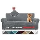 ZNSAYOTX Luxury Velvet Couch Cover 4 Piece Stretch Sofa Covers for 3 Cushion Couch Thick Soft Spandex Sofa Slipcover Living Room Anti Slip Dogs Pet Furnitre Protector (Grey, Sofa)