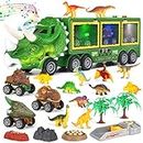 Aoskie Camión Transportador de Dinosaurio con Luz y Sonido, 3 Juguetes Coches, 12 Mini Dinosaurio para Niños 3+ años