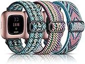 Maledan 3 Pack Elastic Band Compatible with Fitbit Versa/Versa Lite/Fitbit Versa 2 Bands for Women Men, Adjustable Stretchy Nylon Wristbands Solo Loop Strap, Boho Green/Colorful/Green Arrow