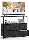 DUMOS TV Stand Dresser for Bedroom Entertainment Center with 5 Fabric Drawers Storage Organizers Units, Media Console Table with Open Shelf up for 45" Television for Living Room, Dorm, Black