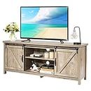 Tangkula Sliding Barn Door TV Stand, Wood TV Storage Cabinet for TVs Up to 65 Inch, Farmhouse Entertainment Center with 2 Open Shelves & 2 Cabinets, TV Ark with Adjustable Shelves (Grey Oak)