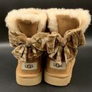 UGG MINI BAILEY BOW CRUSHED VELVET BOOT CHESTNUT SUEDE WOOL WOMENS US 7 EU 38