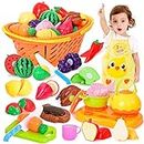Fegalop 23 PCS Pretend Play Cutting Food Toys for Kids,Kitchen Set with Shopping Basket Children Apron for Boys and Girls Cooking Time Kindergarten Educational Toys