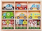 TOOKYLAND Wooden Vehicules and Street Signs Play Set - 16pc - Toy Cars, Trucks and Busses, Ages 3+