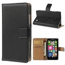 ameego Premium Genuine Real Leather Wallet Flip Protective Case with Tan Interior, Kickstand, Card Slots and Magnetic Closure Slim Design Notebook Flip Cover for Nokia Lumia 650 (5.0”) (Black)