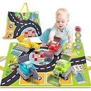 Lehoo Castle Toy Cars, Toy Truck for Toddlers, Pull Back Cars Baby Toys for 1 Year Old Boys, Press and Go Cars Excavators Bulldozers Rollers Drills with Traffic Lights Map Bag 6 Pcs, Gifts for 18 M+