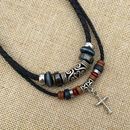 Double Layer Black Tribal Necklace Vintage Braided Faux Pu Leather Necklace With Pendant Cross Pendant