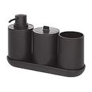iDesign Set accessori bagno, Set da 4 in plastica composto da dispenser sapone, portaspazzolini, contenitore cotone e vassoio, nero
