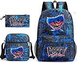 Poppy Playtime/Huggy Backpack 3-Piece Set Anime Game 3D Printed Dachshund Monster Canvas School Bag Students Children Laptop Backpacks Shoulder Bag Pencil Bag (blue) (mk-1)