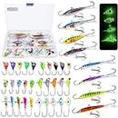 Bombite 38Packs Ice Fishing Jigs Ice Fishing Lures Set Glowing Ice Fishing Jigs Heads Crappie Jigs Winter Fishing Hard Lures with Tackle Box