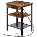 HOOBRO End Table with Charging Station and USB Ports, 3-Tier Nightstand with Adjustable Shelf, Narrow Side Table for Small Space in Living Room, Bedroom and Balcony, Rustic Brown BF112BZ01