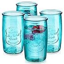 Glaver's Highball Glasses Set of 4 – 20oz Artistic Ice-Cold Pretty Blue – Vintage Glassware with Embossed Logo – Beverage Drinking Glasses for Water, Juice, Cocktails.