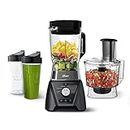 Oster Blender and Food Processor Combo with 3 Settings for Smoothies, Shakes, and Food Chopping, Includes 2 24-Ounce Cups and Lids, Carbon Grey