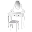 HOMCOM Wooden Vanity Table Set, Makeup Dressing Table with 360° Rotating Oval Mirror, 5 Drawers and Padded Stool for Bedroom, White