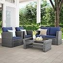 Wisteria Lane 4 Piece Outdoor Patio Furniture Sets, Wicker Conversation Set for Porch Deck, Grey Rattan Sofa Chair with Cushion （Blue