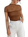 REORIA Sexy Bodysuits for Women Classic Mock Turtle Neck Short Sleeve Slim Fit Shirts Sheer Mesh Ruched Trendy Going Out Tops Cute Office Bodysuits Coffee Medium