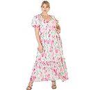 Lovedrobe Ladies Maxi Dress for Plus Size Women Curve Puffed Short Sleeve Back Tie Belt For Summer Party Office Flower Pattern, Vestido Mujer, Floral,