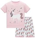 Girls Pyjamas Summer Shorts Sets Unicorn 100% Cotton Sleepwear Short Sleeve 2 Piece Outfit for Kids Age 9-10 Years
